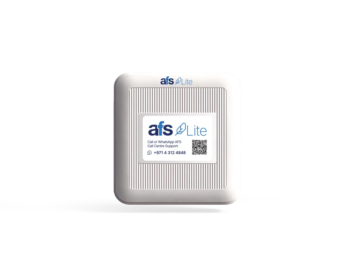 AFS Lite Mini POS underside with the AFS support contact label