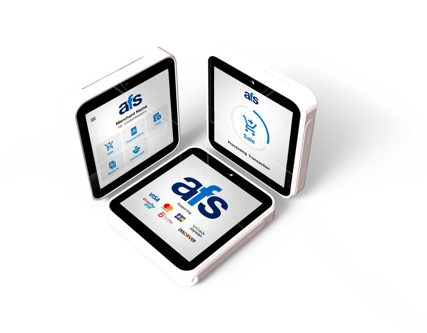 AFS Lite Mini POS shown from three angles with the AFS merchant menu on screen