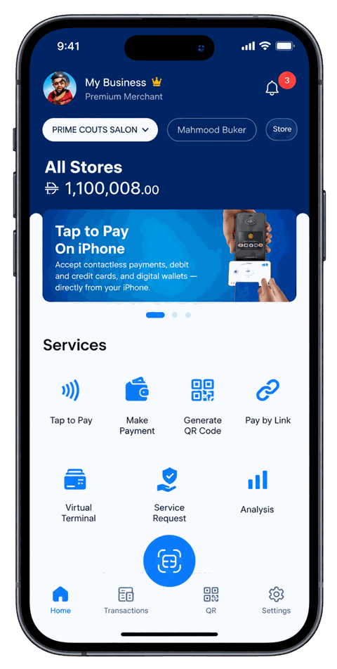 AFS Pro merchant superapp — phone screen showing Tap to Pay, Pay By Link and analytics services